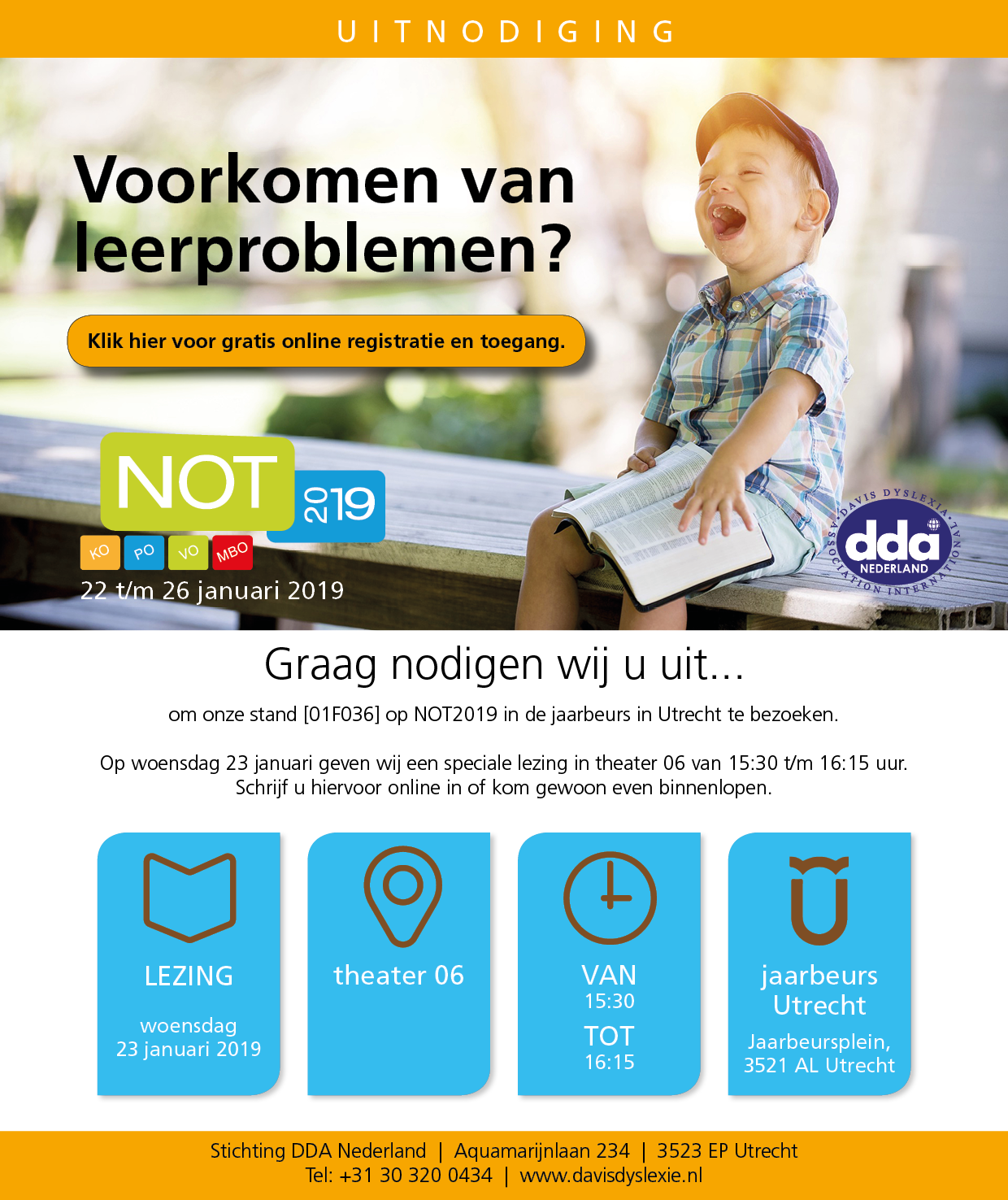 Uitnodiging NOT van DDA Nederland en de Davis-methode voor een lezing over het voorkomen van leerproblemen.